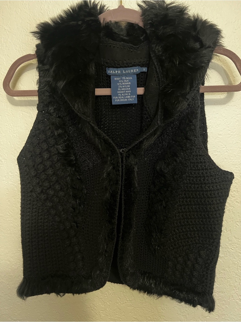 Vintage Ralph Lauren Vest Black Small Wool Silk Mohair Angora RARE